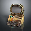 Vintage Computer With Rustic Design Old Monitor Keyboard And Control Buttons