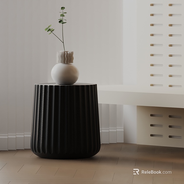 Modern Minimalist Black Ribbed Side Table With White Vase And Green Plant 3d model 