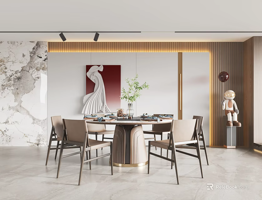 Elegant Modern Restaurant Interior With Dining Table Chairs Sculpture And Marble Wall 3d model