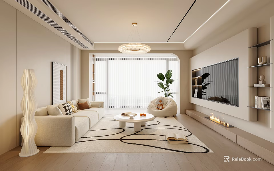 Modern Living Room Interior With Beige Sofa Round Coffee Table Floor Lamp And Potted Plant 3d model 