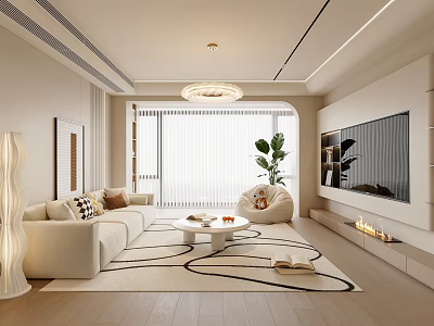 Modern Living Room Interior With Beige Sofa Round Coffee Table Floor Lamp And Potted Plant 3d model