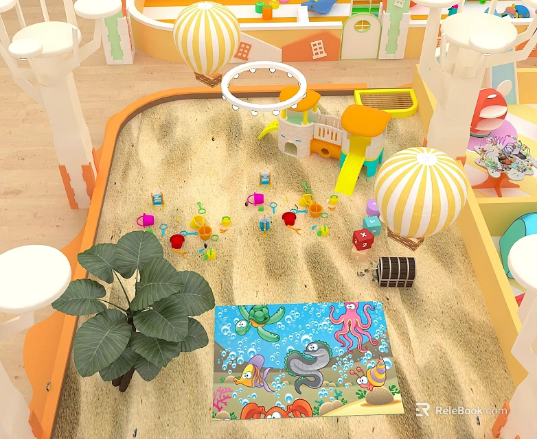 Children's Playground Featuring Sandpit Hot Air Balloon Decor Small House Slide Colorful Blocks Ocean Mat 3d model 