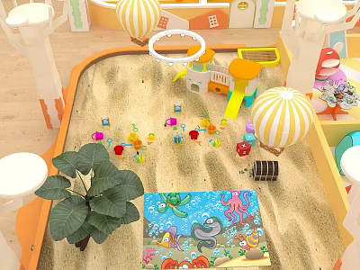 Children's Playground Featuring Sandpit Hot Air Balloon Decor Small House Slide Colorful Blocks Ocean Mat 3d model