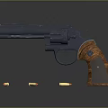 Classic Revolver With Black Metal Body And Wooden Grip Surrounded By Ammunition On Gray Background