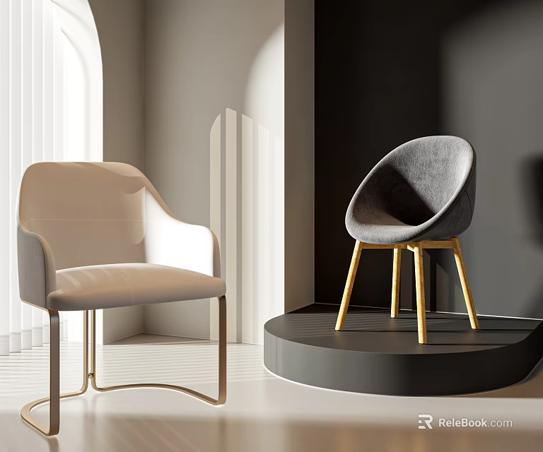 Modern Beige And Gray Accent Chairs With Metal Frame Golden Legs In Minimalist Interior 3d model 
