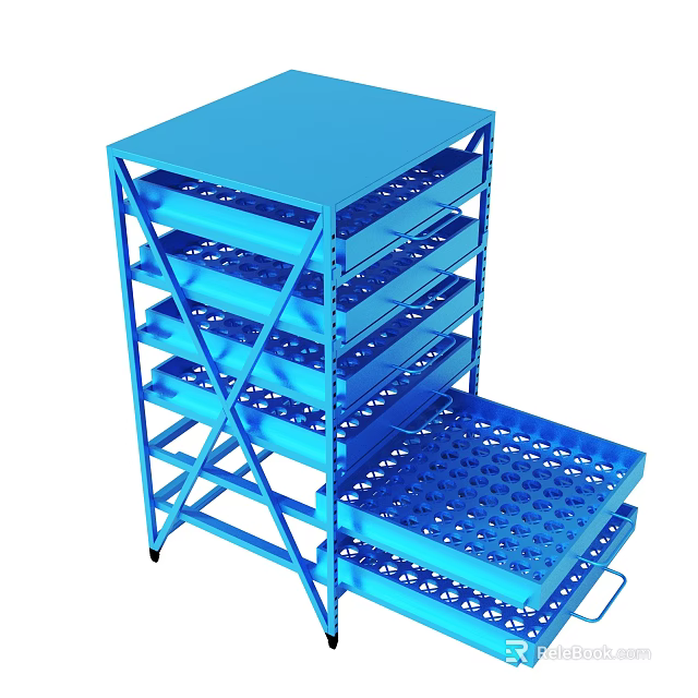 Blue Storage Rack With Multiple Drawers Wheels And Perforated Tray 3d model