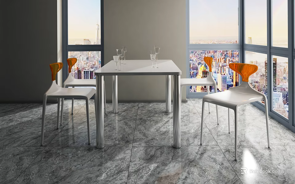Modern White Dining Table Set With Orange Backrest Chairs And City View Through Large Windows 3d model