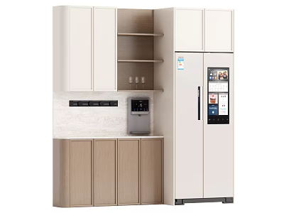 Modern Sideboard With Cabinet Doors Open Shelves Water Dispenser And Refrigerator 3d model