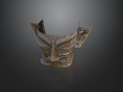 Ancient Bronze Mask Depicting Mythical Creature Face With Exaggerated Eyes And Ears 3d model