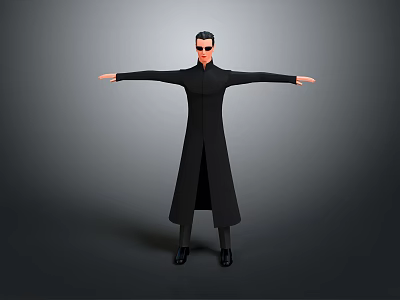 3D Character Model Wearing Black Long Coat With Sunglasses And Outstretched Arms 3d model