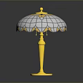 Elegant Vintage Table Lamp With Stained Glass Shade Gold Base And Yellow White Geometric Patterns