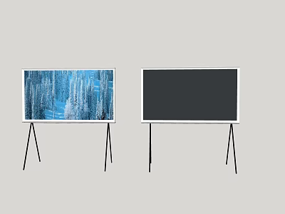 Two TVs on Tripod Stands with Blue Forest Snow Scene and Black Screen 3d model