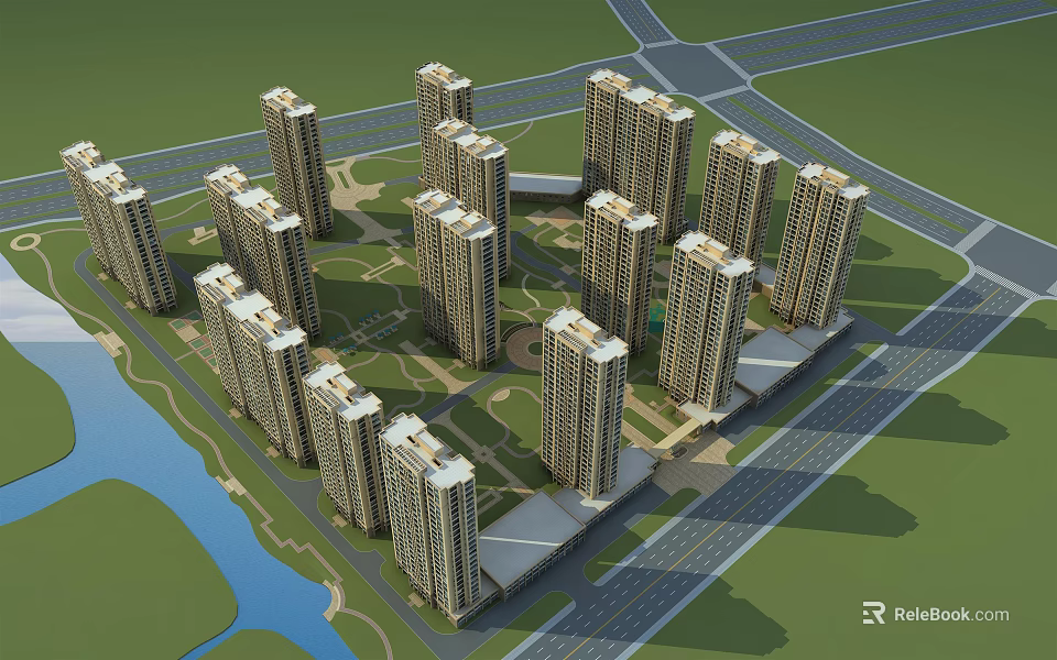 Modern High-Rise Residential Community With Green Space River And Road Access 3d model 