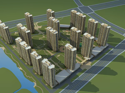 Modern High-Rise Residential Community With Green Space River And Road Access 3d model