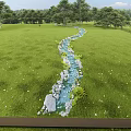 Scenic Microtopography Featuring Green Grass Trees Small Stream Stones And Distant Hills