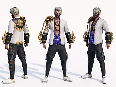 3D Rendered Game and Movie Character With White Coat Purple Inner Golden Arm Decorations 3d model