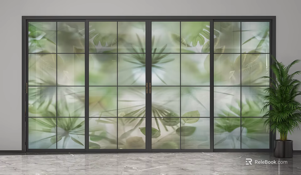 Modern Glass Partition With Plant Pattern Sliding Door Interior Design 3d model 