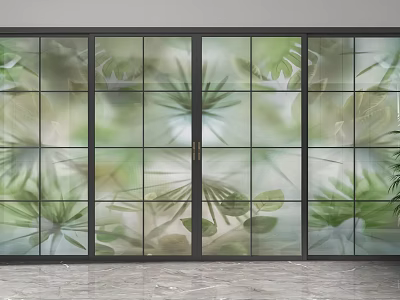 Modern Glass Partition With Plant Pattern Sliding Door Interior Design 3d model