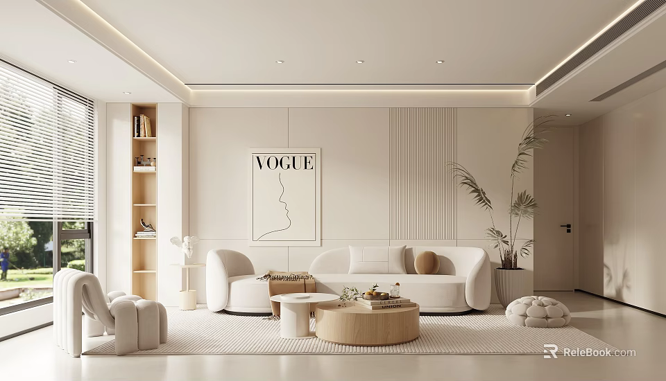 Modern Living Room Interior Design With White Sofa Round Coffee Table VOGUE Art And Plants 3d model 