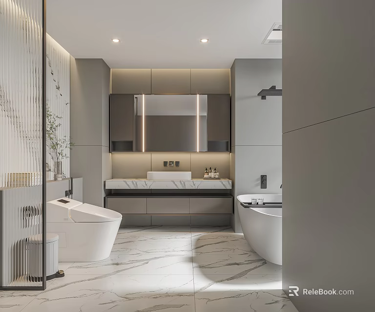 Modern Bathroom Interior Design With Marble Floor Bathtub Vanity And Mirror Lighting 3d model 