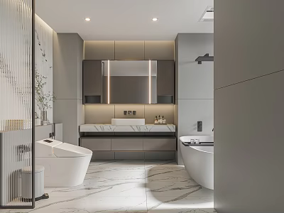 Modern Bathroom Interior Design With Marble Floor Bathtub Vanity And Mirror Lighting 3d model