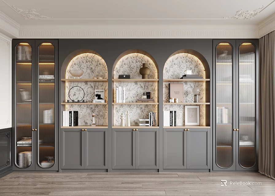 Modern Gray Bookcase With Arched Design Glass Doors Books Decor Items And Lighting 3d model 