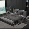 Modern Double Bed Interior With Gray Headboard Pillows Blanket Nightstands And Window View 3d model