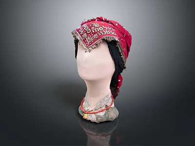 Red Headscarf With Gold Embroidery And Tassels On Mannequin With Red Necklace Dark Background 3d model