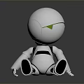 Cartoon Style White Robot Game Movie Character With Green Eye In Sitting Pose