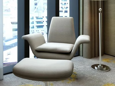 Light Gray Upholstered Accent Chair with Ottoman in Room with City Windows and Floor Lamp 3d model