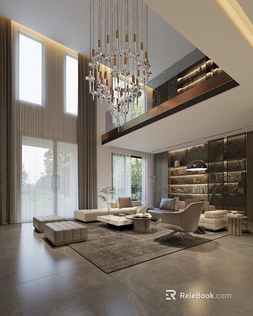 Duplex Living Room Interior Design With High Ceiling Crystal Chandelier And Modern Sofa Area 3d model 