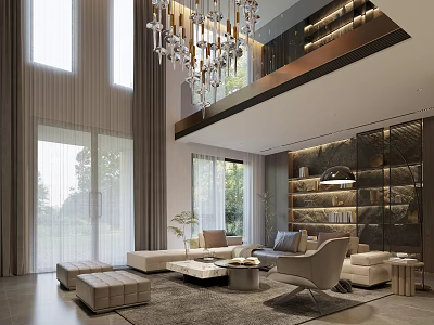 Duplex Living Room Interior Design With High Ceiling Crystal Chandelier And Modern Sofa Area 3d model