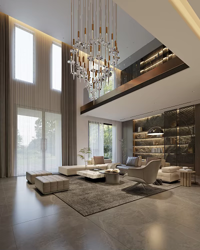 Duplex Living Room Interior Design With High Ceiling Crystal Chandelier And Modern Sofa Area 3d model