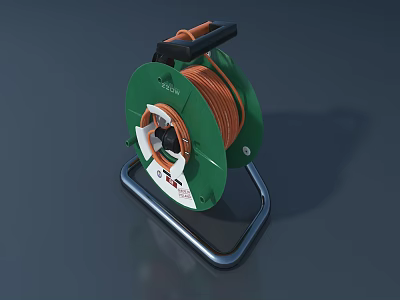 Industrial Green Cable Reel With Orange Cable Black Handle And Metal Stand 3d model