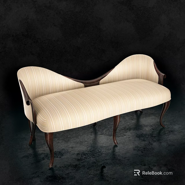 Elegant Striped Beige Fabric Loveseat With Wooden Arms And Curved Legs Design 3d model 