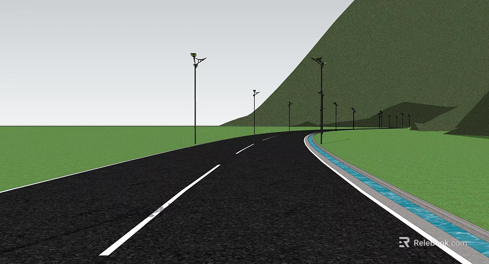 Curved Road Facilities With Black Pavement White Lane Lines Street Lamps Green Grass And Hill 3d model 