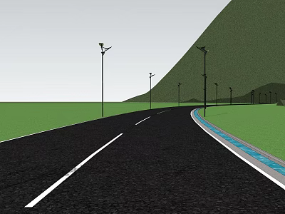 Curved Road Facilities With Black Pavement White Lane Lines Street Lamps Green Grass And Hill 3d model