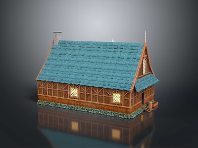 Small Traditional Wooden Cottage With Blue Roof Windows And Chimney 3d model