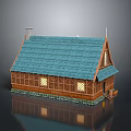 Small Traditional Wooden Cottage With Blue Roof Windows And Chimney