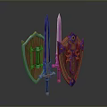 Fantasy Weapons Collection Featuring Decorated Swords And Wooden Shields With Blue Gold Patterns