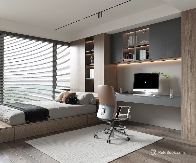 Tatami Bedroom Interior With Tatami Bed Large Window Desk Computer And Office Chair 3d model 