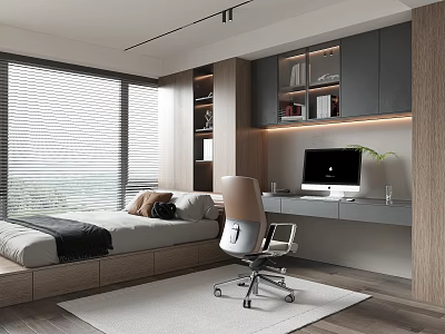 Tatami Bedroom Interior With Tatami Bed Large Window Desk Computer And Office Chair 3d model