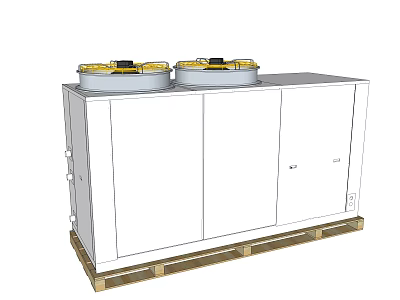 White Air Conditioner Fan Unit With Two Yellow Fans On Top Wooden Pallet 3d model