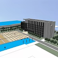Modern Office Building Exterior With Large Windows Plaza And Trees Front