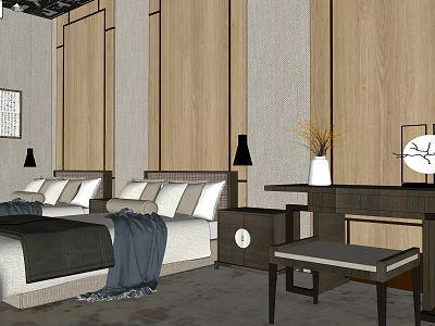 Elegant Hotel Guest Room Interior With Wooden Panels Bed Nightstand And Decorative Painting 3d model