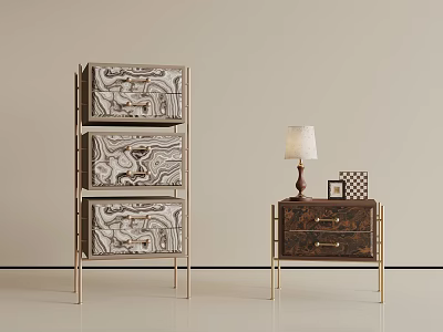 Modern Luxury Marble Pattern Bedside Table With Gold Metal Frame And Matching Storage Cabinet 3d model