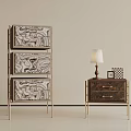 Modern Luxury Marble Pattern Bedside Table With Gold Metal Frame And Matching Storage Cabinet