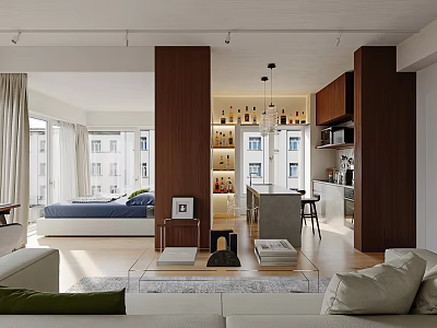 Modern Apartment Interior With Open Living Bedroom And Kitchen 3d model