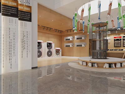 Modern Home Appliance Store With Wooden Walls Hanging Lights And Display Shelves 3d model
