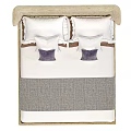 Stylish Double Bed With Tufted Linen Headboard White Sheets Purple Pillows And Gray Throw Blanket